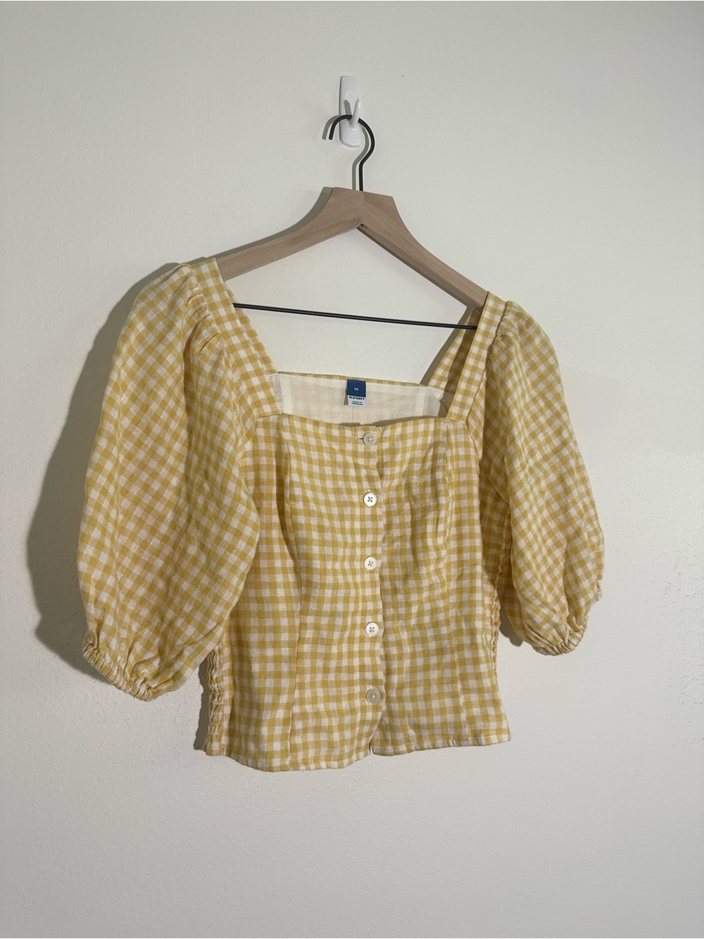 Old Navy Yellow Gingham Square-Neck Puff Sleeve Blouse